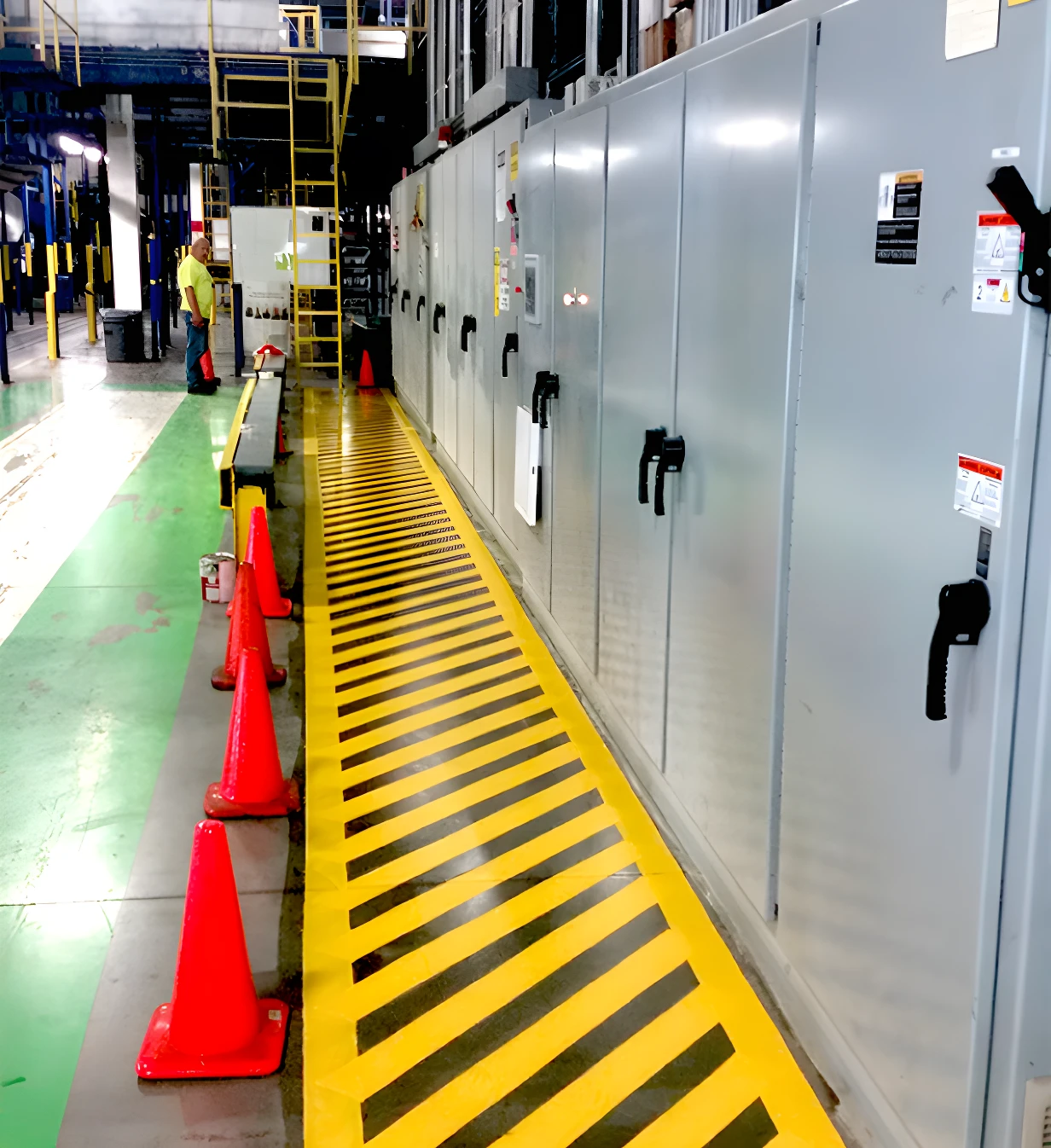 Electrical panels and safety cones in factory